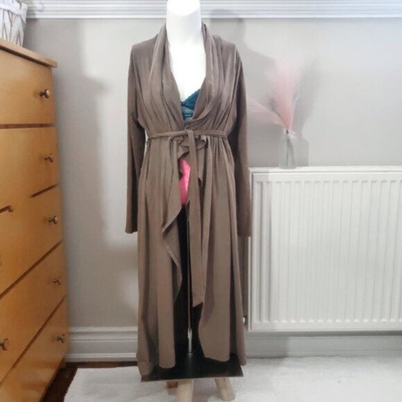 Vintage Y2K Super Soft Suedette Long Open Tie Waist Longline Trench Cardi - Picture 4 of 14